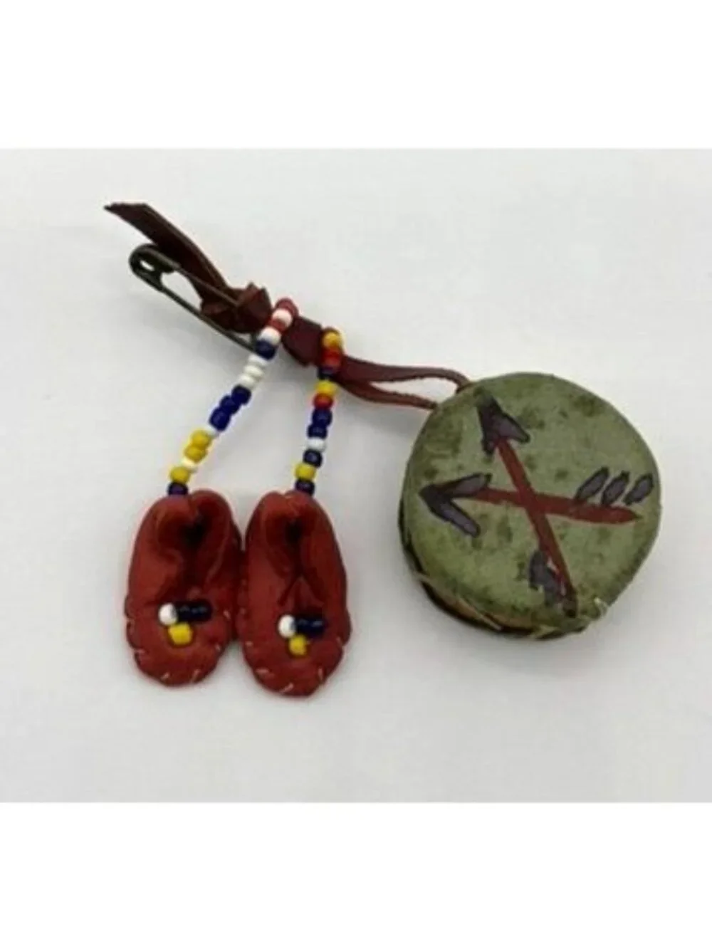 Vintage Native American Brooch Handmade & Hand Painted Miniature Moccasin & Drum - Picture 2 of 13